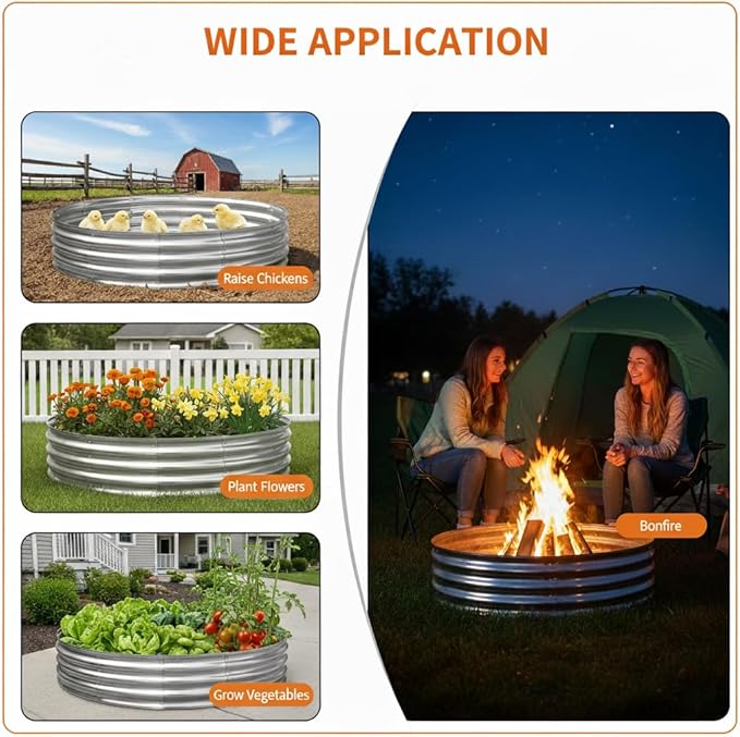 60 Inch Galvanized Steel Fire Pit Ring, 12 Inch Raised Heavy Duty Wood Burning Campfire Ring, Heat Resistant Outdoor Fireplace for Backyard, Patio & Camping
