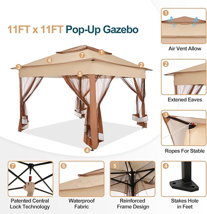 COBIZI 11x11 Pop Up Gazebo Canopy Tent Easy Up Outdoor Gazebo Waterproof Upgrade Portable Gazebo with Mosquito Nettings, Double Vented Roof and Carry Bag for Patio Garden Lawn(Khaki)