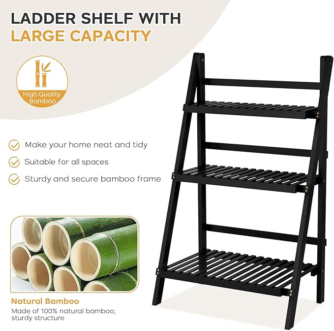 39.4" Foldable Plant Shelf Ladder Shelf, 3 Tier Bamboo Ladder Flower Pot Display Shelf, Freestanding Ladder Bookshelf for Garden, Balcony, Yard, Living Room, 23.6" W x 15" D x 39.4" H, Black
