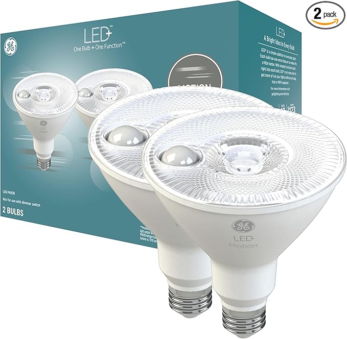 GE LED+ Motion Sensor LED Light Bulbs, 15W, PAR38 Outdoor Security Floodlight, Warm White (2 Pack)