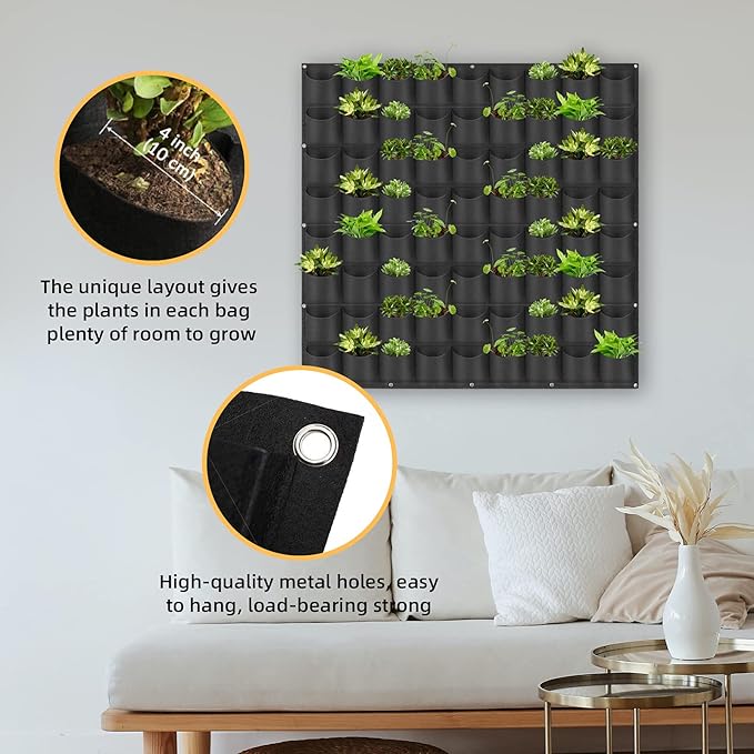 Hanging Planting Grow Bags, 72 Pockets Hanging Vertical Wall Planter Wall Mounted Grow Bag Outdoor Indoor Gardening Vertical Greening Flower Container, Planting Bags Storage Bags(1.0 m × 1.0 m, Black)
