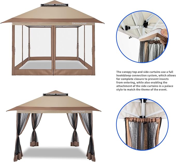OASISHOME Pop-up Gazebo Portable Instant Canopy Tent 12x12, One-Push Locking System, with 4 Mesh Sidewall, Wheeled Bag, for Patio/Backyard/Outdoor/Parties/Events (Khaki)