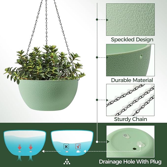 T4U 12 Inch Hanging Planters for Indoor Outdoor Plants, 2 Pack Plastic Hanging Planter, Indoor Hanging Plant Pots, Hanging Basket with Drainage Holes, Flower Pots for Garden Home Decor, Green