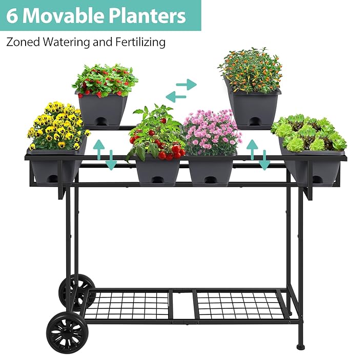 YBING Raised Garden Bed with Wheels Outdoor Elevated Planter Box Stand 6 Pocket Raised Flower Bed with Legs and Storage Shelf Herb Garden Planter for Patio 30" Tall, Dark Grey
