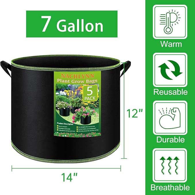 NACHLYNN 5-Pack 7 Gallon Grow Bags Thickened Nonwoven Fabric Pots with Handles Heavy Duty Aeration Fabric Pots Plant or Fruits Flowers Plant for Gardening