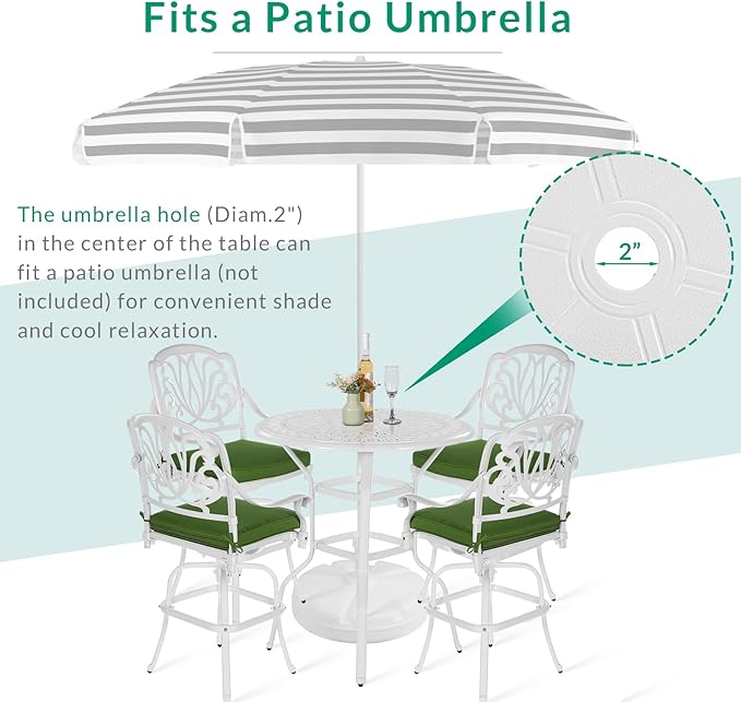 VIVIJASON 5-Piece Patio Swivel Bar Stools Set, All Weather Cast Aluminum Outdoor Bar Height Bistro Set with 4 Cushioned Bar Chairs & 35.4" High Bar Table w/Umbrella Hole for Backyard, Lawn, White