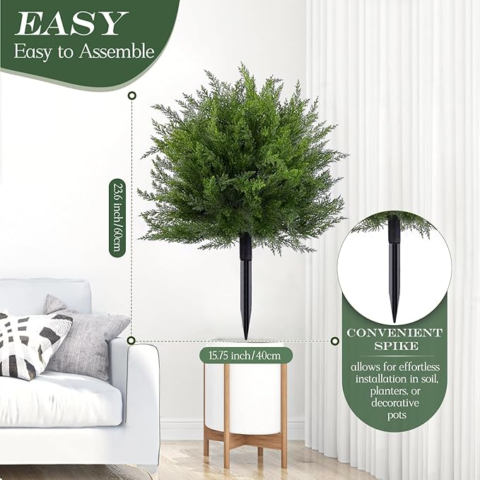 Artificial Topiary Bushes for Outdoors with Spike, Boxwood Ball Fake Shrubs UV Resistant Faux Plants for Indoor Outdoor Fall Thanksgiving Halloween Decor (Cedar Topiary Ball Trees)