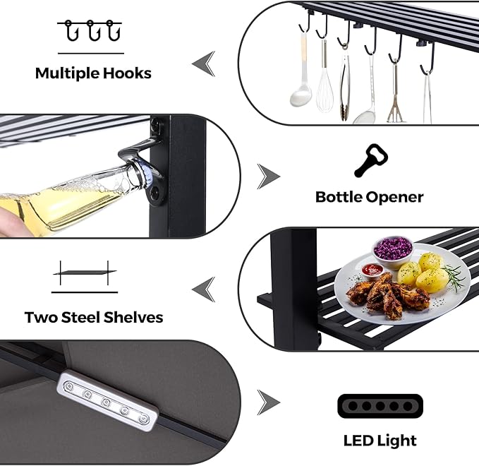 ABCCANOPY Grill Gazebo with 2 Side Awnings - 14x5 Outdoor BBQ Canopy Shelter with 2 Led Lights for Patio Backyard Grilling (Brown)