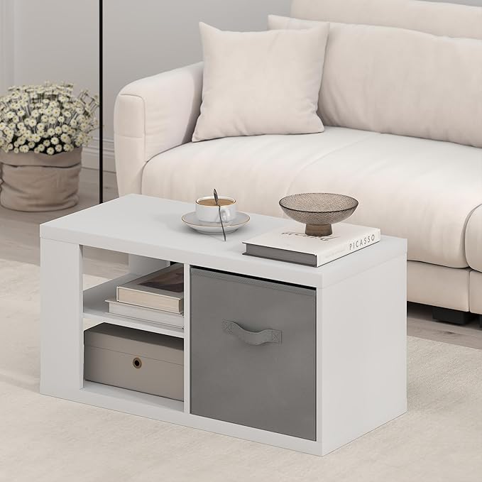 Furinno Viola Coffee Table, 3-Tier Modern Coffee Table with 1.2 Thick Tabletop, Side Table with Open Shelf and Storage Bin, for Living Room, Bedroom, Home Office, White/Light Grey