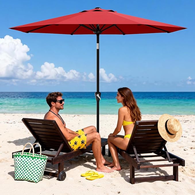 Garvee 10FT Patio Umbrella - Outdoor Table Umbrella with Smooth Crank Lift, Push Button Tilt and 8 Sturdy Ribs - Market Umbrella UV Protection Waterproof for Pool, Deck, Yard, Garden (Red)