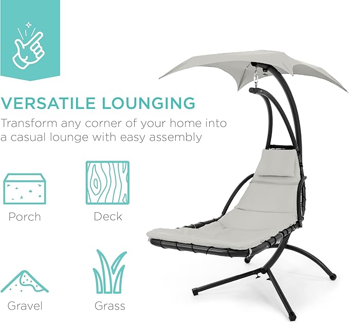 Best Choice Products Outdoor Hanging Curved Steel Chaise Lounge Chair Swing w/Built-in Pillow and Removable Canopy - White Sand