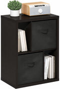 Furinno Viola Storage Shelf, 4-Tier Storage Rack with Bins, Book Shelf, Bookshelf, Display Rack with Drawer Bins, Extra Thick Frame, for Organization, Living Room, Home Office, Black Dark Oak