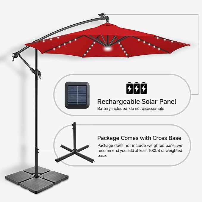 Solar Offset Patio Umbrella - 10 ft Solar Cantilever Umbrella Outdoor with 40 LED Lights and Cross Base, UV Protection for Garden, Deck, Backyard, Pool, Porch (Red)