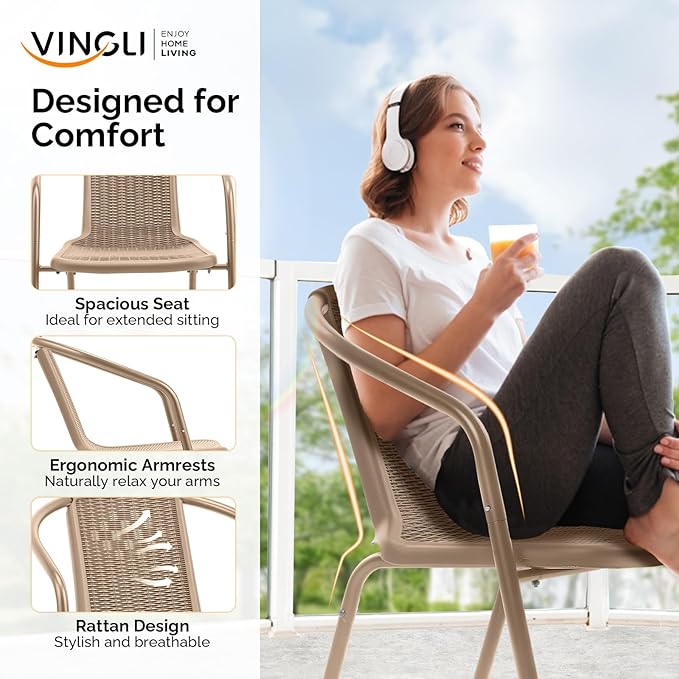 VINGLI PE Rattan Outdoor Dining Chairs Set of 2, Plastic Stackable Patio Chairs for Indoor, Porch, Restaurant, Garden,Champagne