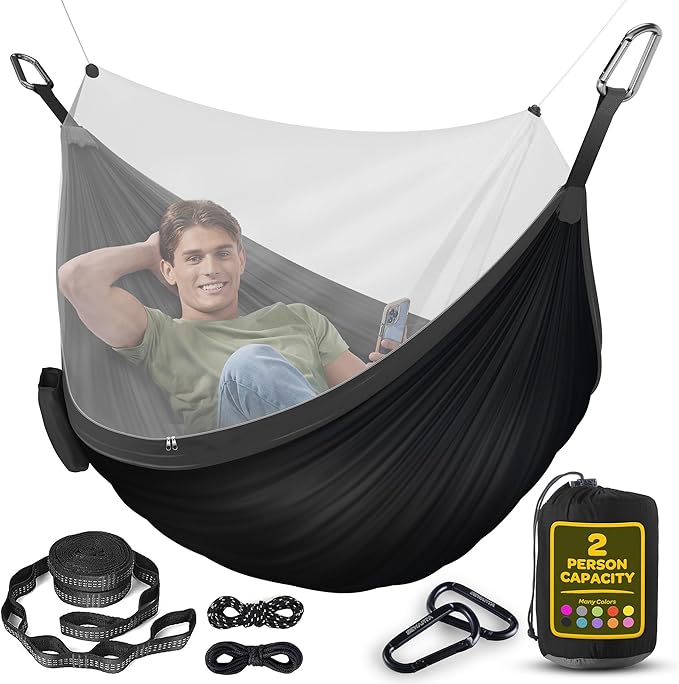 Durable Hammock 500 lb Capacity, Nylon Camping Hammock Chair - Double or Single Sizes w/Tree Straps and Attached Carry Bag - Portable for Travel/Backpacking (Large, Black with Net)