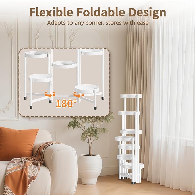 LASZOLA 7 Tiered Folding Tall Plant Stand Indoor for Multiple Large Planter, Heavy Duty Metal Adjustable Flower Rack for Narrow Corner, Sturdy Vertical Spiral Shelving Holder for Modern House, White