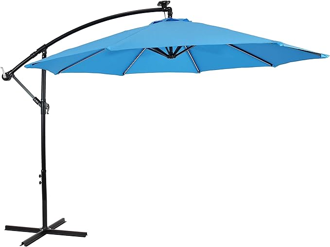 Sunnydaze 10' Solar Offset Patio Umbrella - Solar Cantilever Umbrella Outdoor with LED Lights - Polyester Shade, Air Vent, & Cross Base