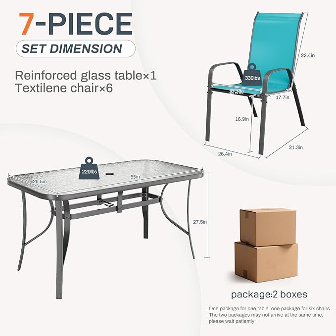 TLSUNNY 7 Pieces Patio Dining Set, Outdoor Table and Chairs W/1.69″ Umbrella Hole, 30"X 55" Table and Stackable Textilene Chair, All Weather Patio Furniture Set (Umbrella not Included)