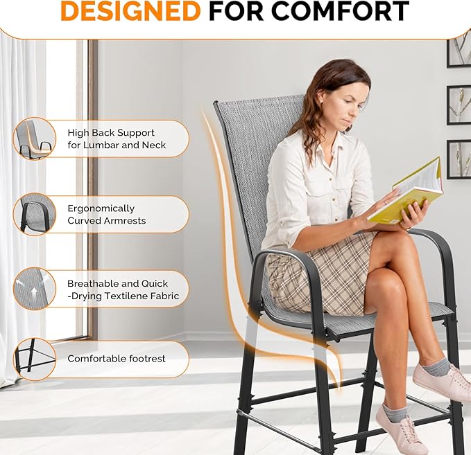 VINGLI Outdoor Bar Chairs Set of 8 – Stackable Outdoor Bar Stools with Sturdy Sling High Back and Armrests for Lawn, Courtyard, Garden, Bar, Silver Gray