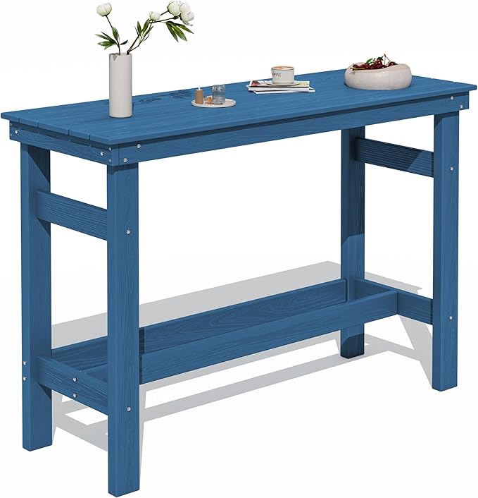 SERWALL 41" Outdoor Bar Table with 1.6" Umbrella Hole, HDPE Patio Bar Counter Height Table, All-Weather Rectangle Bar Table for Backyard, Garden, Poolside, Balcony - Blue