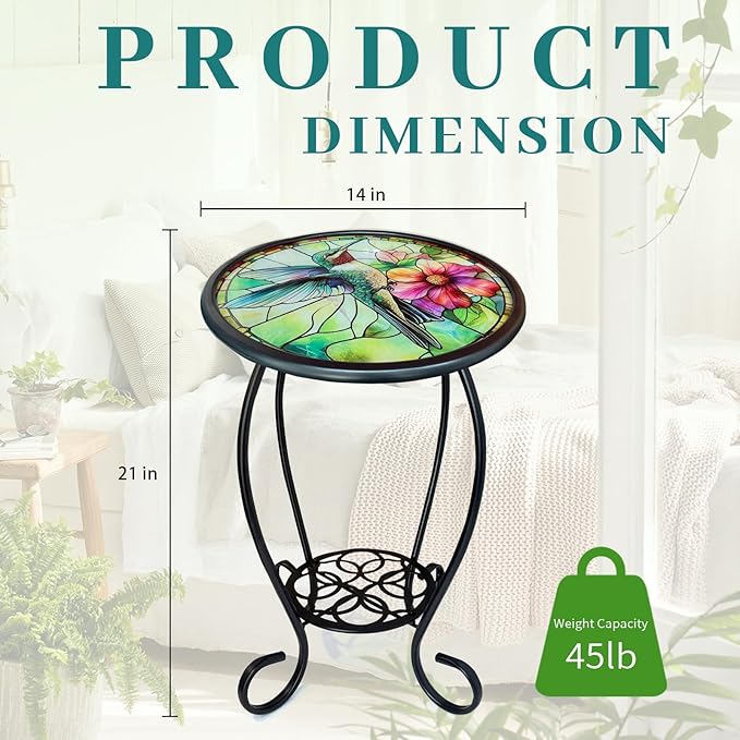 LIFFY Patio Side Table, 14" Round Mosaic Outdoor Table with Glass Hummingbird Tabletop, 21" Height 2-Tier Indoor Small Decorative Plant Stand & Accent Table with Metal Frame for Garden, Yard, Home