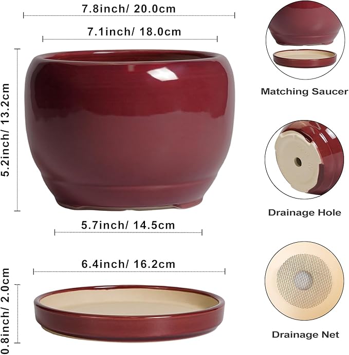 SQOWL Ceramic Planter - 8 Inch Plant Pot with Drainage Hole and Saucer, Round Planter for Indoor Outdoor Plants, Modern Decorative Flower Pots, Home Decor, Plant Lover Gifts, Red