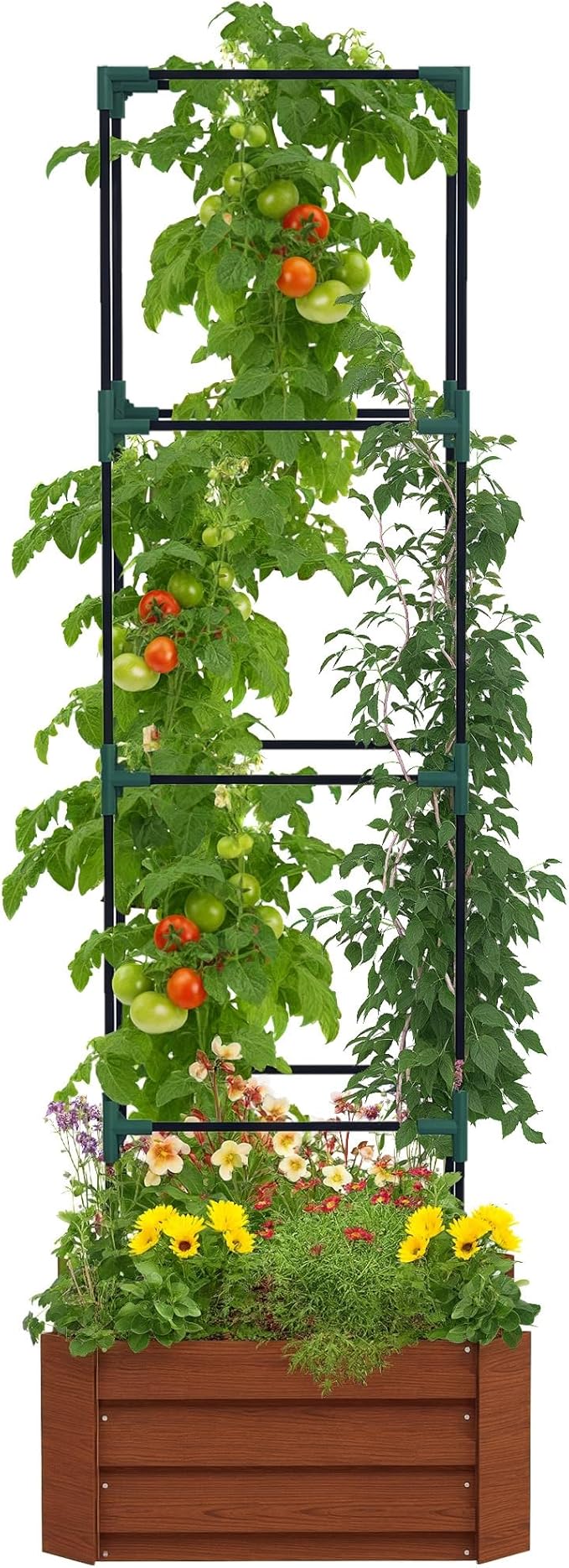 Outsunny Galvanized Raised Garden Bed, 73.5" Outdoor Planter Box with Trellis Tomato Cage and Open Bottom for Climbing Vines, Vegetables, Flowers in Backyard, Garden, Patio, Brown