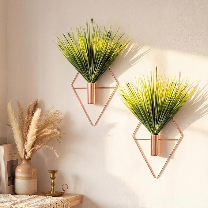 2 Pieces Wall Decor Hanging Planters with Artificial Plants Metal Hanging Vase Indoor Plants Holder Modern Boho Wall Art for Bathroom Bedroom Living Room Decor(Rose Gold,Aquatic Plant)