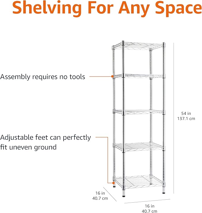 Amazon Basics 5-Shelf Tower Adjustable Storage Shelving Unit, Chrome, 16" x 16" x 54", 150 lbs Per Shelf | Tower, Adjustable
