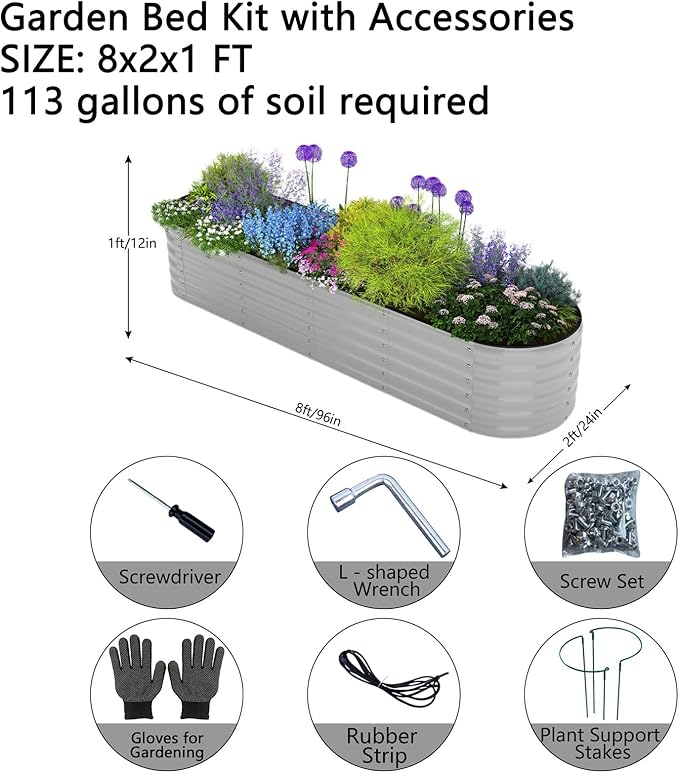 Galvanized Metal Planter Round Raised Garden Bed Kit for Gardening Outdoor Galvanized Planter Outdoor 1PC Gray 8X2X1FT