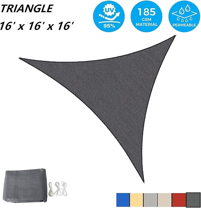 AsterOutdoor Sun Shade Sail Triangle 16' x 16' x 16' UV Block Canopy for Patio Backyard Lawn Garden Outdoor Activities, Graphite