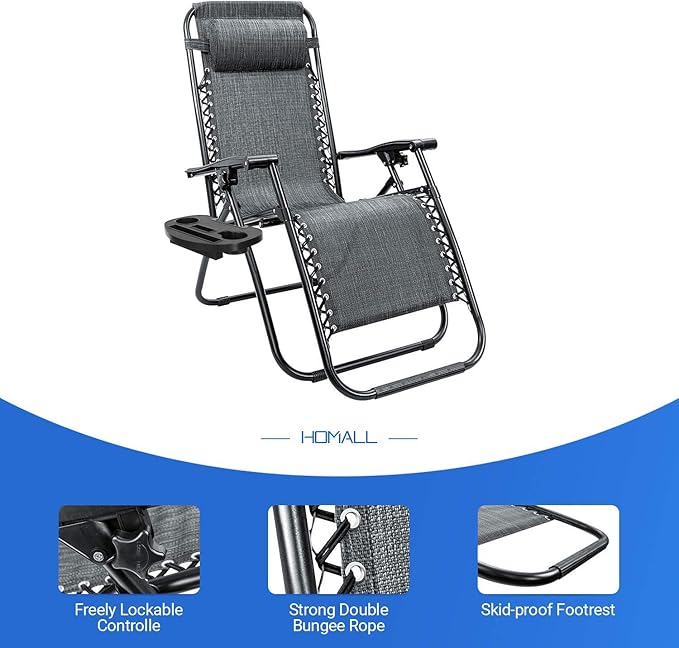 Homall Zero Gravity Chair - Adjustable Folding Lawn Chairs - Outdoor Gravity Reclining Lounge Chair with Pillows - Set of 2 (Double-Gray)