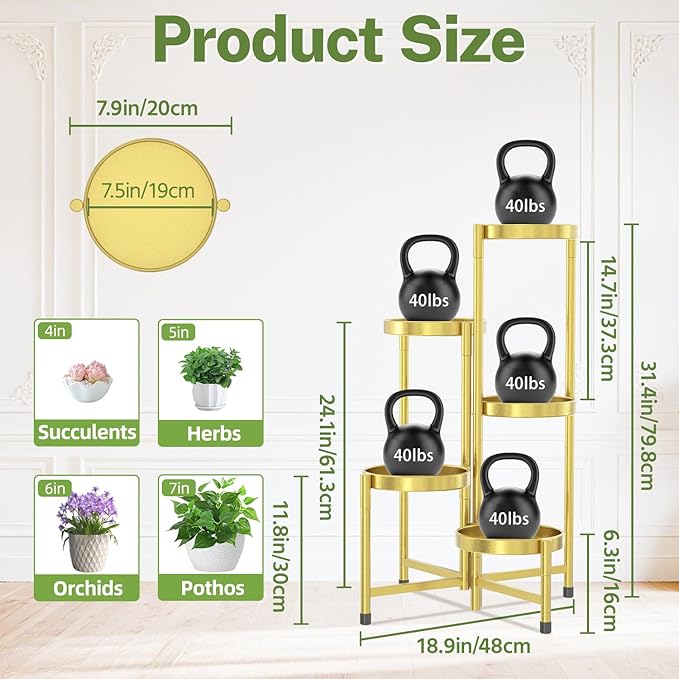iDavosic.ly Plant Stand Indoor Outdoor, 5 Tier Corner Metal Flower Display Holder Shelf, Easy Assembly Folding Tall Orchid Rack for Patio Balcony Porch Garden Living Room House, Gold