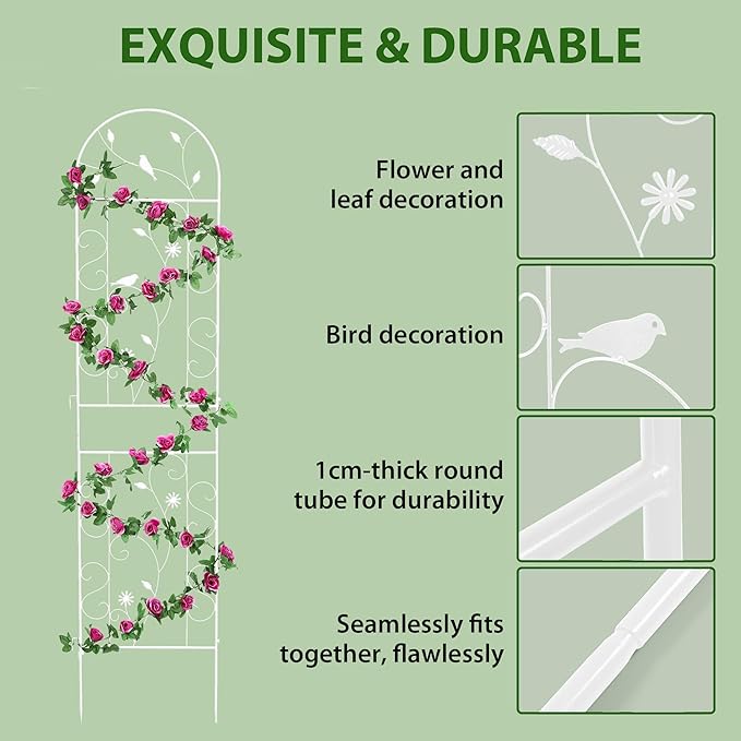 Metal Garden Trellis for Climbing Plants, 2 Pack 86.5" x 19.7" White Plant Trellis Outdoor, Clematis Rrellis Outdoor, Arched Decoration Suitable for lawns, Gard, White