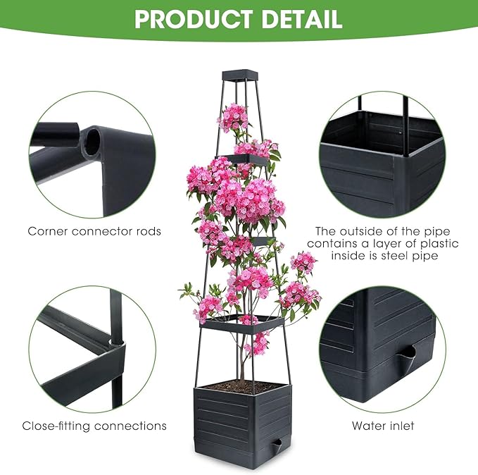 Raised Garden Bed 4 Packs, Planter Boxes with Trellis 58.3'' Tomato Planters for Climbing Vine Vegetables Flowers Plants Self Watering Tomatoes Cage for Outdoor Patio Greenhouse