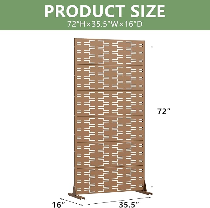 Casaphoria Metal Privacy Screen Outdoor, 72" H x 35" W Freestanding Decorative Privacy Screen for Patio Deck Balcony Garden with Stable Base, Brown-Brick