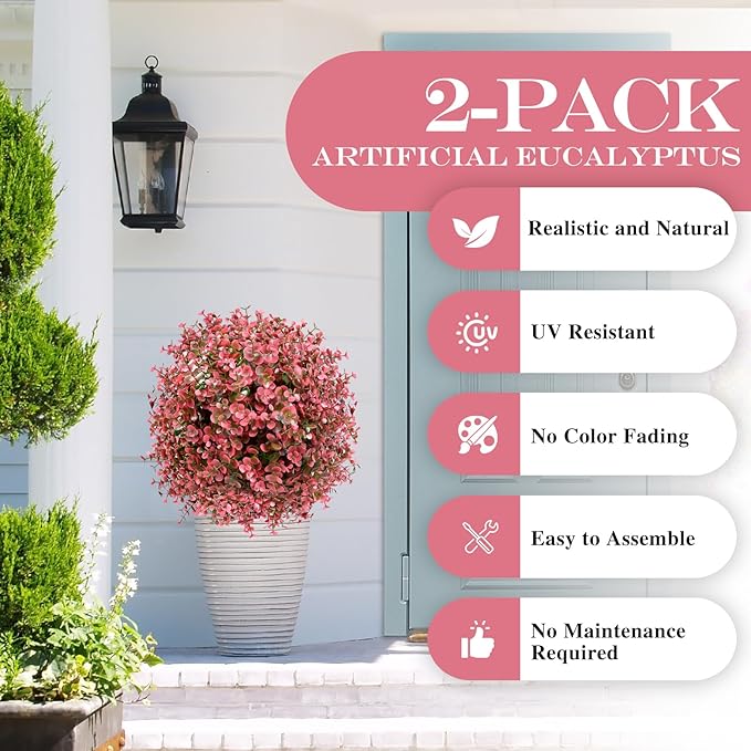 Artificial Topiary Bushes for Outdoors with Spike, Boxwood Ball Fake Shrubs UV Resistant Faux Plants for Indoor Outdoor Fall Thanksgiving Halloween Decor (Red Eucalyptus)