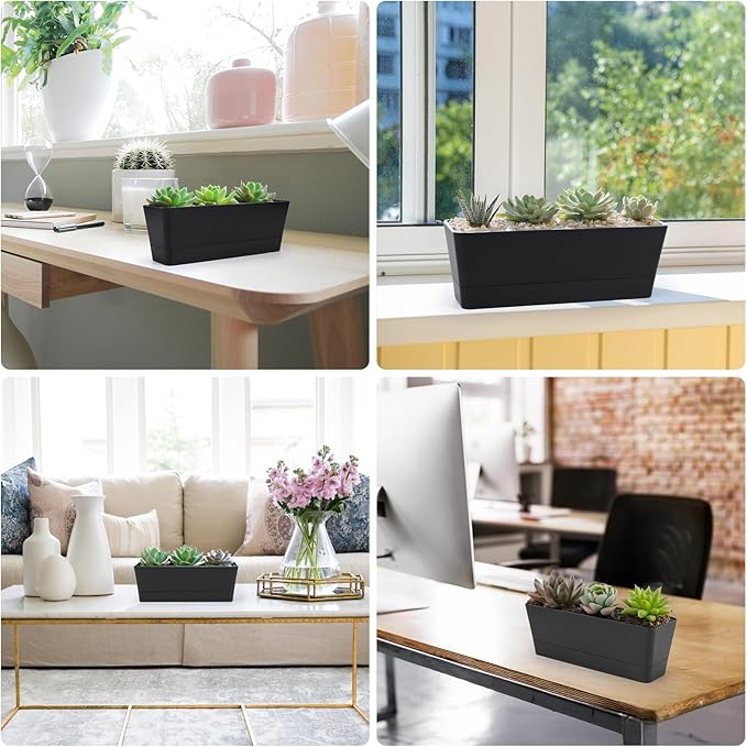 GREANER Rectangle Window Boxes, 6PCS 16x3.8 Inch Black Herb Planters with RemovableTray and Drainage Hole, Succulent Flowers Plastic Pot for Balcony, Office, Windowsill, Garden, Outdoor Decoration Use