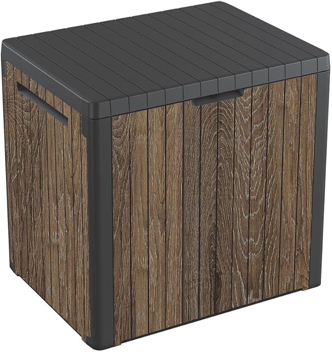 Keter Signature Everwood 30 Gallon Resin Deck Box for Outdoor Storage – Weather‑Resistant Balcony & Patio Box for Cushions, Throw Pillows & Garden Tools, Walnut