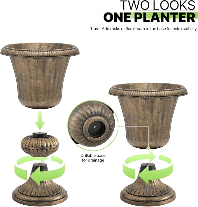 Magshion 20" Urn Planters for Outdoor Plants, Large Decorative Front Porch Planters Set of 2, Weatherproof Tall Plastic Flower Pots for Garden, Patio & Entryway Décor, Antique Brass