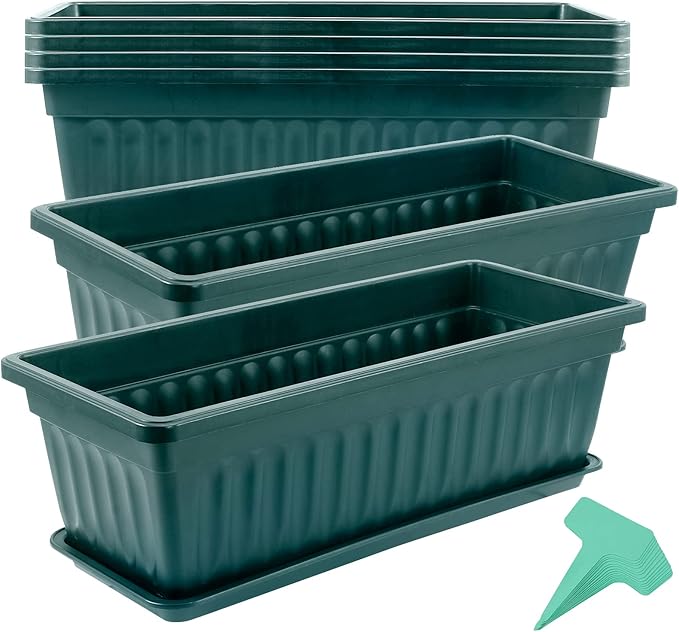 JOIKIT 6 Packs 17 x 7.5 x 5.5 Inch Plastic Window Planter Boxes with Trays, Plastic Vegetable Planter with 30 Plant Label, Countryside Flower Box Pot for Garden Windowsill Patio Balcony, Dark Green