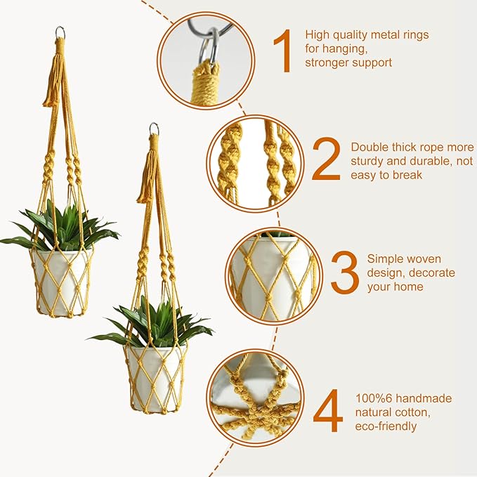 Artilady Boho Macrame Plant Hangers - Handmade Hemp Rope Hanging Baskets for Plants with Ceiling Hooks, Bohemian Home Decor Wall Art (Ginger-Yellow-2pcs)