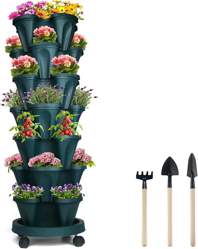 DUNCHATY Stackable Planter, Vertical Garden Planter with Wheels and Tools, Self Watering Strawberry Planter Indoor/Outdoor 7 Tier Herb Planter Pots for Growing Vegetables and Succulents,Pine Green
