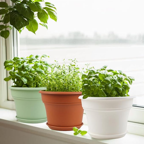10 Inch Plastic-Flower-Pot-for-Indoor-Plants, 4 Pack Large Outdoor Planter Pot with Drainage Holes & Saucers, Resin Decorative Garden Pots Planters