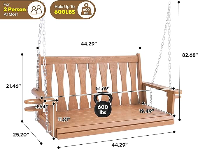 HIPS All-Weather Outdoor Hanging Porch Swing,2 Seat Hanging Swing Bench with Cup Holders,Patio Swing Chair with Hanging Chains for Courtyard & Garden