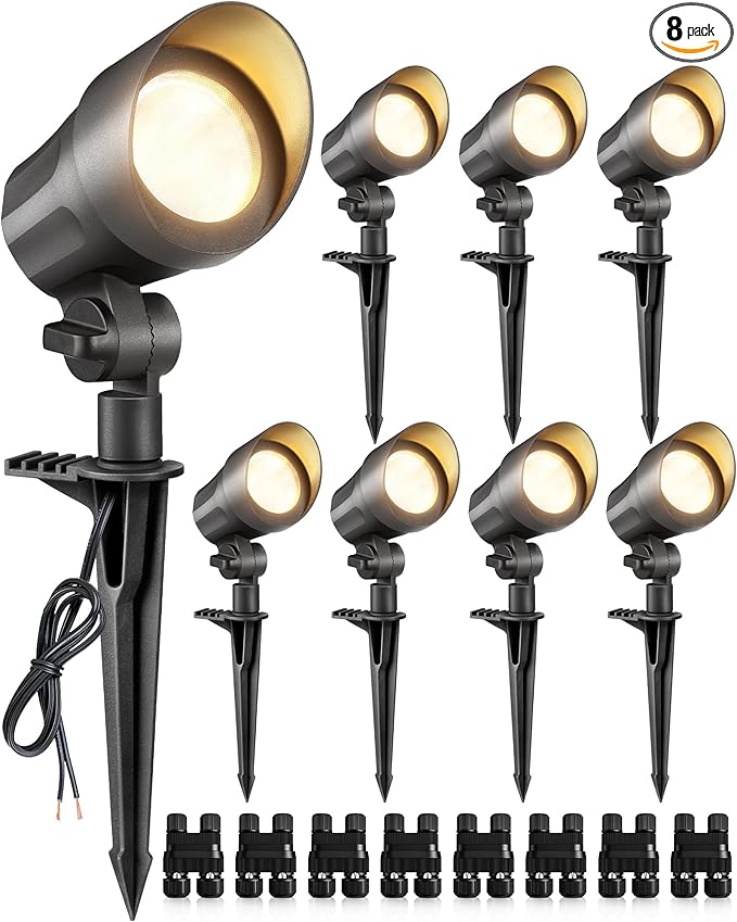 SUNVIE 6W LED Landscape Lights Low Voltage Landscape Lighting with Connectors Warm White Landscape Spotlights Outdoor 12-24V Waterproof Yard Garden Lights Wired Tree Wall Landscape Spotlights, 8 Pack