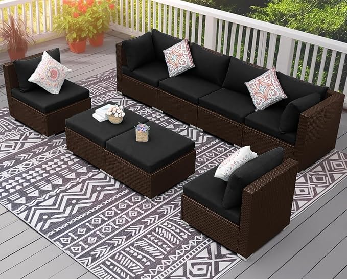 NICESOUL 8 Seater Modern Outdoor Seating Group, Plus Size Big Wicker Patio Modular Sectional with Ottoman, 29.3'' High Back Comfy Conversation Sets for Outside, Brown Rattan and Black Cushion
