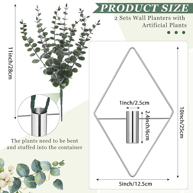 Jexine 4 Pcs Hanging Planters with Artificial Eucalyptus, Chrome Silver Wall Decor Metal Hanging Vase Indoor Plants Holder Modern Geometric Bathroom Decor for Living Room Home Office