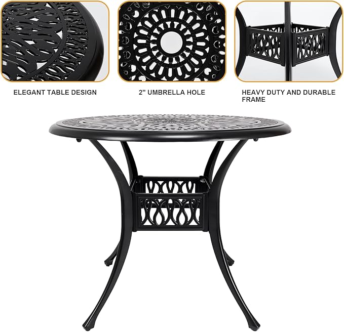 35" Outdoor Dining Table, Cast Aluminum Patio Bistro Table with 2.44" Umbrella Hole, Patio Furniture for Backyard Garden, Black