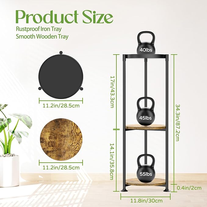 iDavosic.ly 3 Tier Corner Plant Stand Indoor, 34 Inch Tall Vertical Metal Flower Heavy Duty Pot Holder Shelf Outdoor for Patio Porch Living Room, Modern Black & Rustic Brown - Round